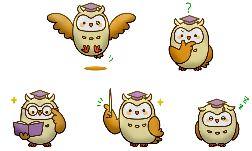 a set of cartoon owls with different expressions, by Hiroyuki Tajima, deviantart, sōsaku hanga, magic spell icon, hd screenshot, hogwarts, took on ipad