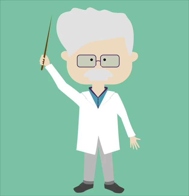 a man in a lab coat holding a pointer, an illustration of, conceptual art, old gray hair, poster illustration, teacher, flat 2 d design