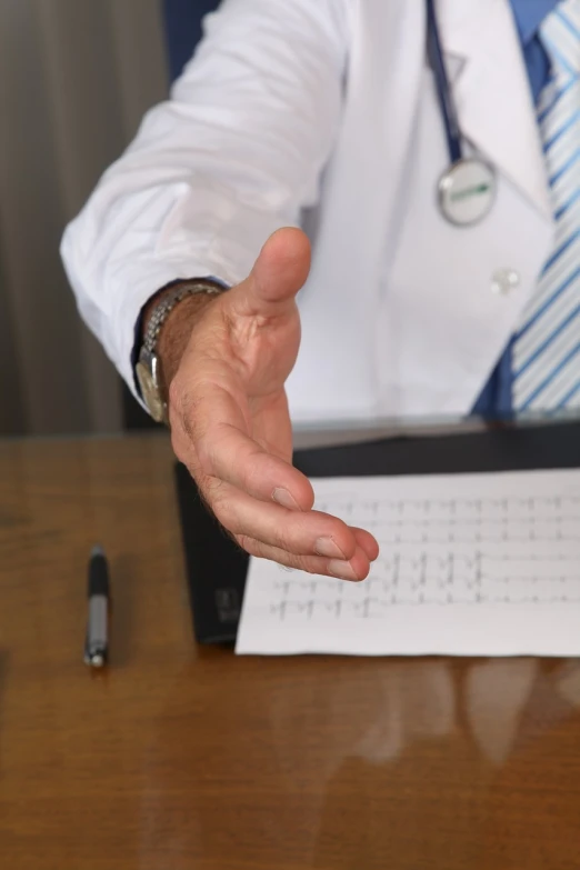 a close up of a person sitting at a desk, a stock photo, figuration libre, doctors office, reaching out to each other, very coherent image, papers on table