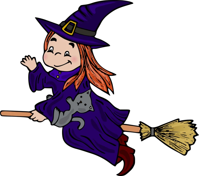 a cartoon witch flying on a broom with a cat, a cartoon, by Verónica Ruiz de Velasco, pixabay, sōsaku hanga, with a black background, children\'s illustration, mechanized witch girl, mrs doubtfire as a witch