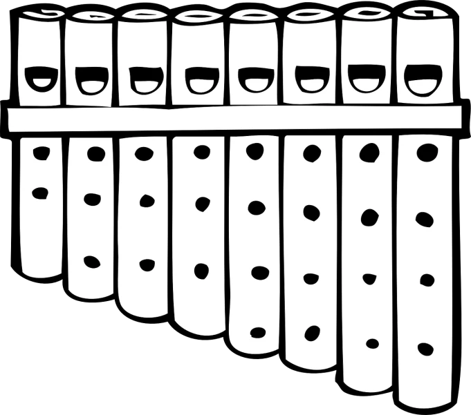 a black and white picture of a pan flute, an illustration of, featured on pixabay, mingei, white with black spots, many mouths, clipart, bottom - view