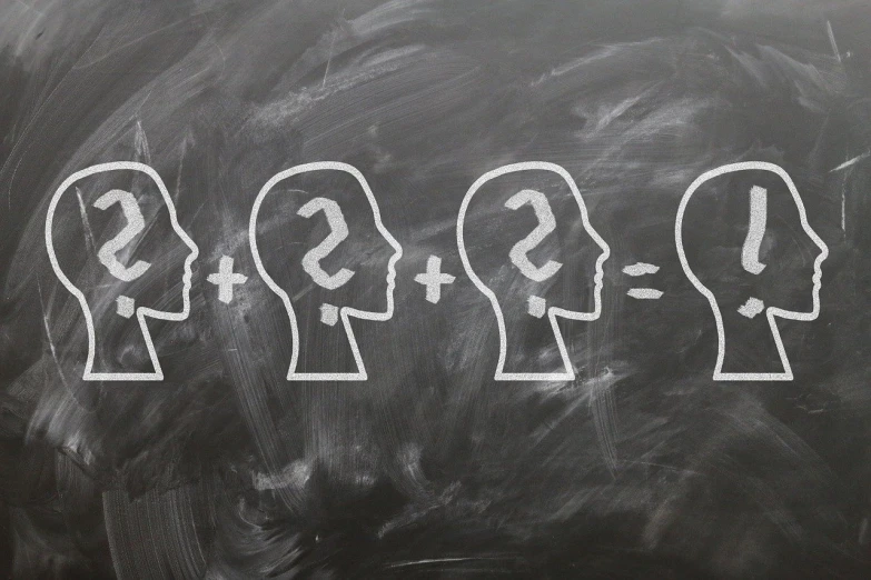 a chalk drawing of three heads with dollar signs on them, pixabay, question marks, math equations, background image, facing each other
