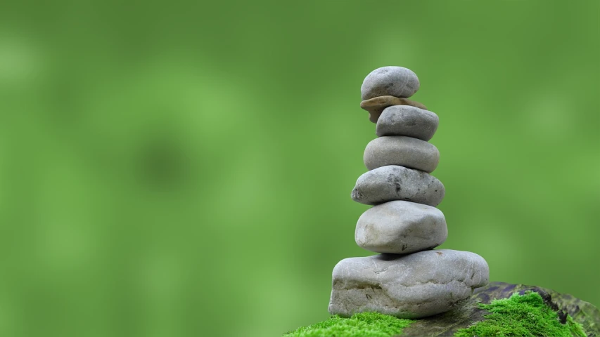 a stack of rocks sitting on top of a moss covered rock, inspired by Saitō Kiyoshi, pixabay, minimalism, green colored theme, paul barson, meditative sacral pose, 🚀🚀🚀