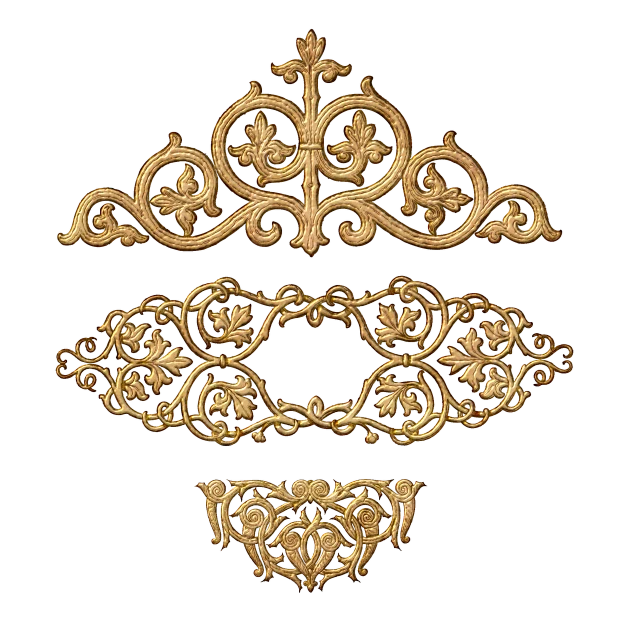 a set of ornate designs on a black background, a digital rendering, baroque, golden circlet, highly detailed texture render, embroidery, ancient crown