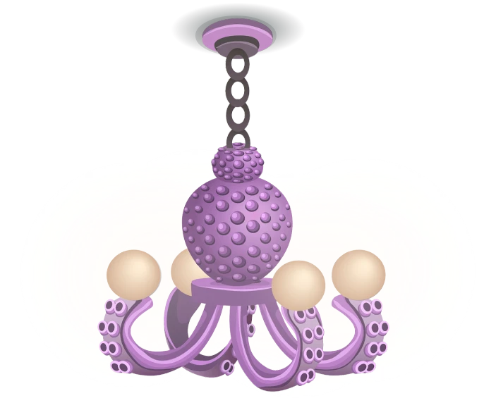a purple chandelier hanging from a ceiling, an ambient occlusion render, inspired by Ernst Haeckel, spongebob cthulhu nightmare, adorable design, cad, shell