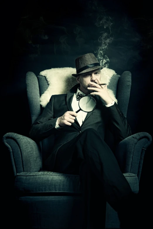 a man sitting in a chair smoking a cigarette, inspired by George Bogart, shutterstock, surrealism, detective clothes, cool marketing photo, gentleman's club lounge, looking for clues