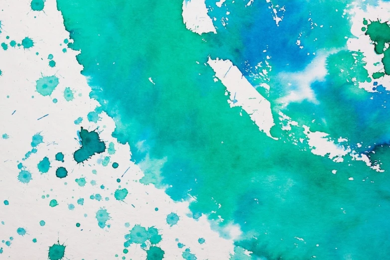 a close up of watercolor paint on a piece of paper, a watercolor painting, inspired by Raoul De Keyser, pexels, cyan and green, handcrafted paper background, ink splashes, teals