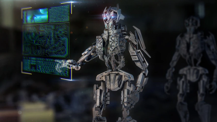 a robot standing in front of a computer screen, by Aleksander Gierymski, zbrush central contest winner, stunning vfx, robot in data center, medium close - up ( mcu ), cgi animation