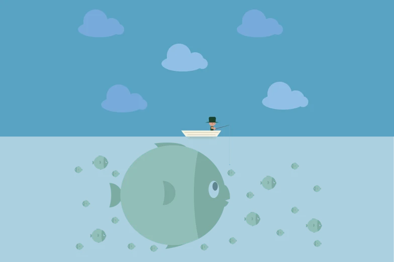 a man sitting on top of a boat in the ocean, a storybook illustration, inspired by Rene Magritte, conceptual art, flat vector art, barreleye fish, the man stands out on the image, sharp focus illustration