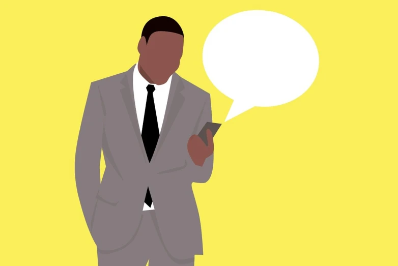 a man in a suit holding a cell phone, a cartoon, inspired by Barkley Hendricks, shutterstock, speech bubbles, elegant yellow skin, smooth illustration, full color illustration
