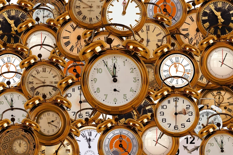 a bunch of clocks sitting on top of each other, a digital rendering, by David Garner, shutterstock, maximalism, golden time, ballard, stock photo, low resolution