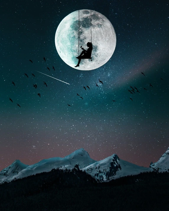 a person on a swing with a full moon in the background, digital art, mountaineous background, shooting star in background, 1128x191 resolution, amazing photo