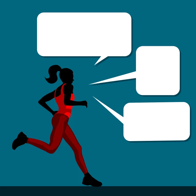 a woman running with speech bubbles above her head, an illustration of, clean and simple design, red sport clothing, closeup photo, missing panels