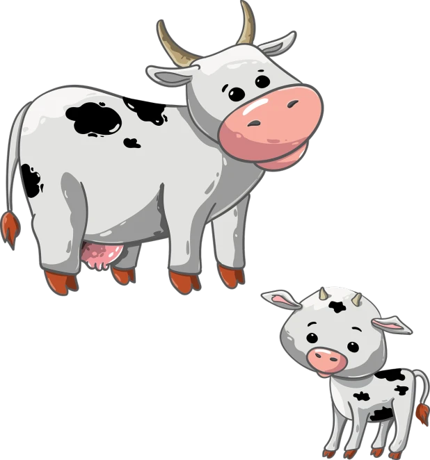 a couple of cows standing next to each other, a digital rendering, mingei, on a flat color black background, clipart, child, in cartoon style