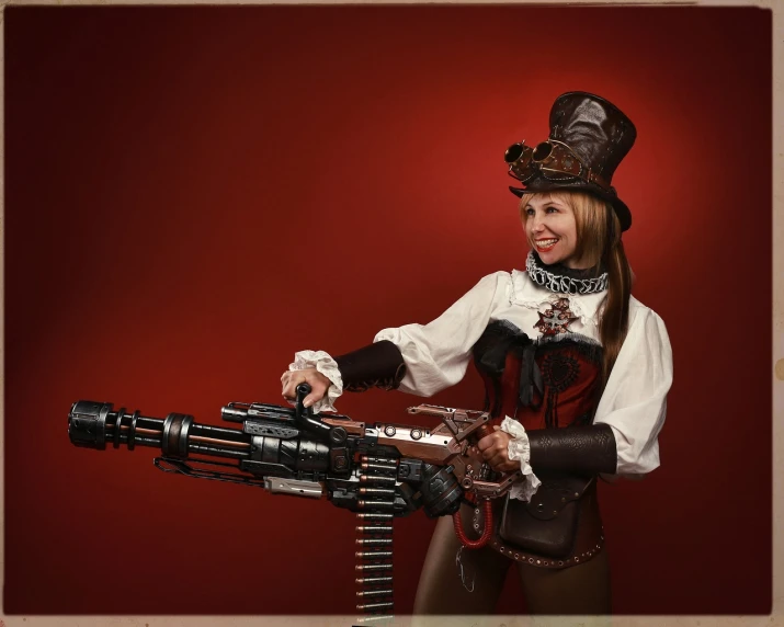 a woman in a steampunk outfit holding a machine gun, a portrait, cgsociety contest winner, baroque, toy photography, happy!!!, white and red armor, children's