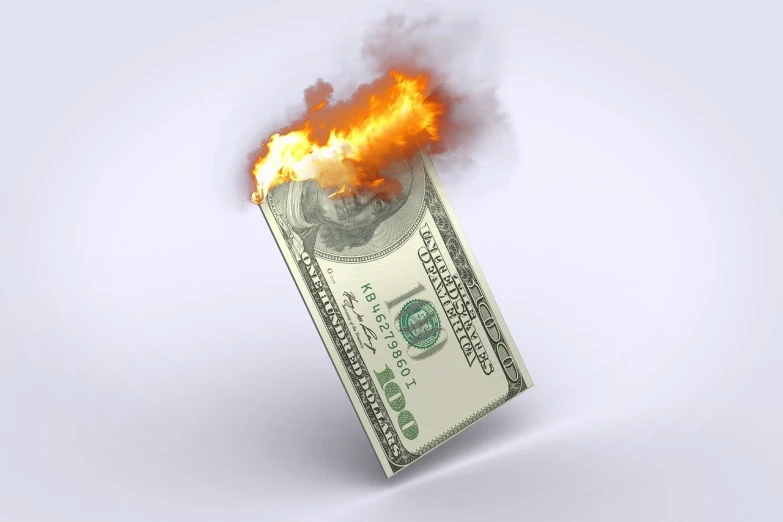 a hundred dollar bill with fire coming out of it, digital art, 3 d product render, advertising photo