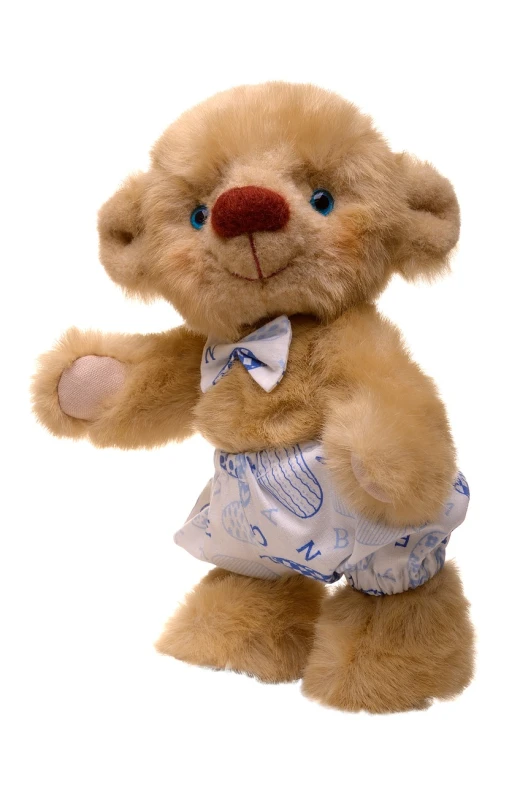 a brown teddy bear wearing a diaper, dada, blue - print, well-groomed model, maria panfilova, beige