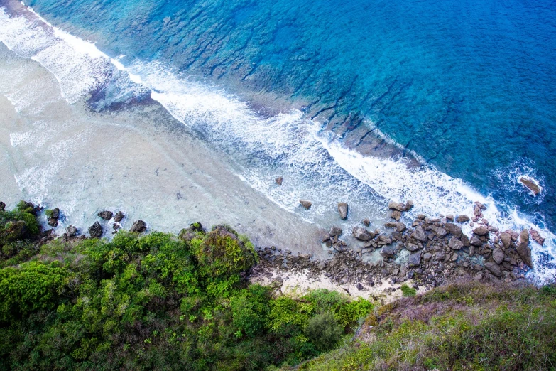 a large body of water next to a lush green hillside, by Milton Menasco, pexels, happening, beach and tropical vegetation, close-up from above, rocky seashore, clearing. full shot