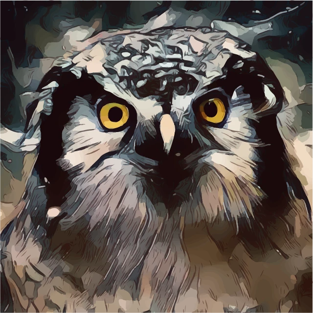 a painting of an owl with yellow eyes, a digital painting, digital art, oil paint style, high contrast illustration, skeptical expression, full color illustration