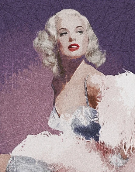 a painting of a woman in a white dress, inspired by Marilyn Bendell, pop art, purple fur, masterpiece digital painting, old hollywood themed, halftone effect