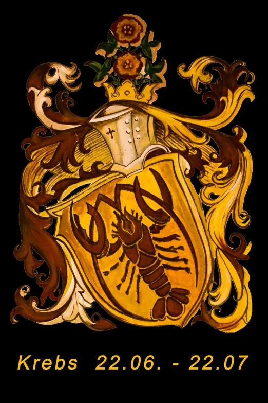 a picture of a coat of arms on a black background, a digital rendering, inspired by Matthias Stom, cg society contest winner, art nouveau, lobster themed armour, ocher, hand painted, detail