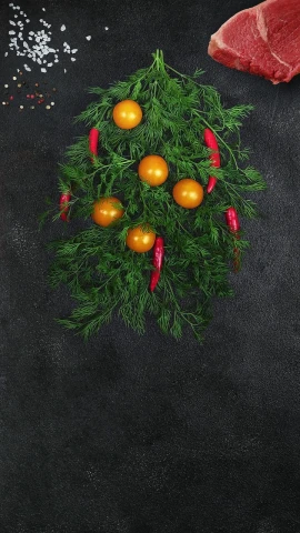 a bunch of food sitting on top of a table, a still life, by Anna Füssli, trending on pixabay, hyperrealism, evergreen branches, orange halo, vertical composition, on a black wall