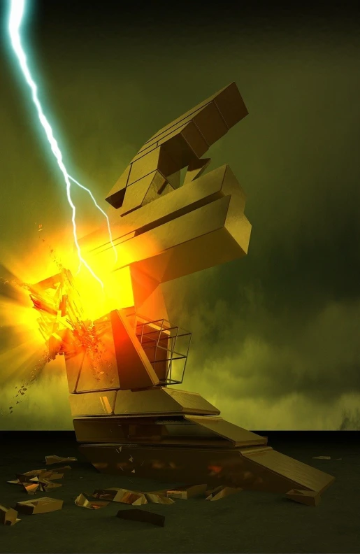 a computer tower with lightning coming out of it, polycount contest winner, digital art, giant golden nuclear hornet, istock, demolition, contemporary art