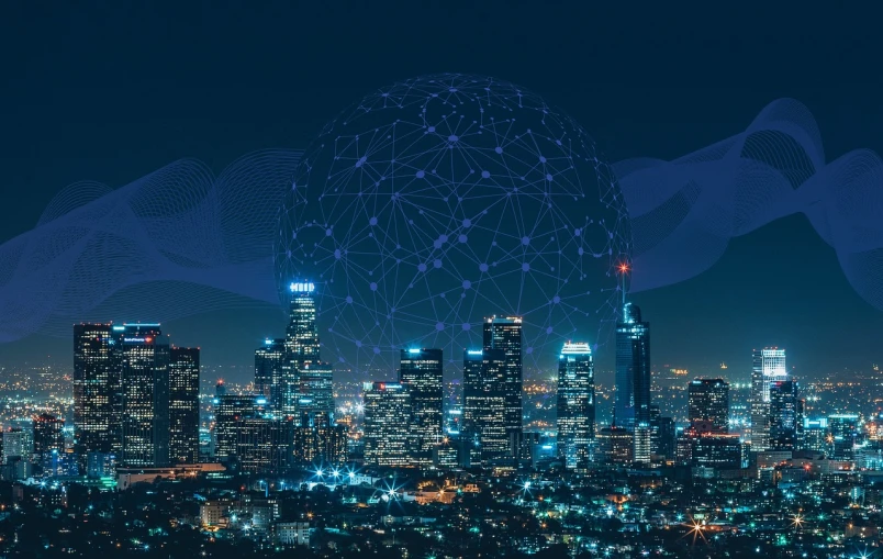 a view of a city at night from the top of a hill, digital art, pexels, geodesic building, blockchain, los angeles at night, digital banner