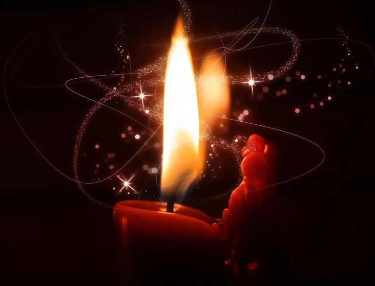 a lit candle sitting on top of a table, digital art, by Marie Bashkirtseff, flickr, digital art, magic particles; magic swirls, red flames, shining its light among stars, glowing threads of drop