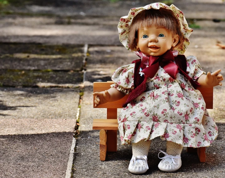 a doll sitting on top of a wooden bench, realism, plastic doll, wearing a dress, about to step on you, antique style