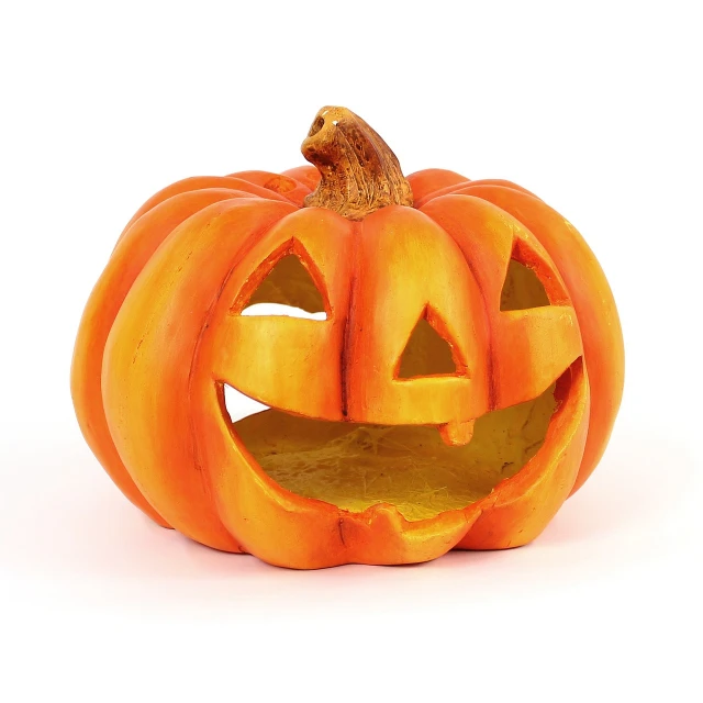 a carved pumpkin sitting on top of a white surface, a picture, shutterstock, 3d cg, -h 1024, halloween decorations, slasher smile