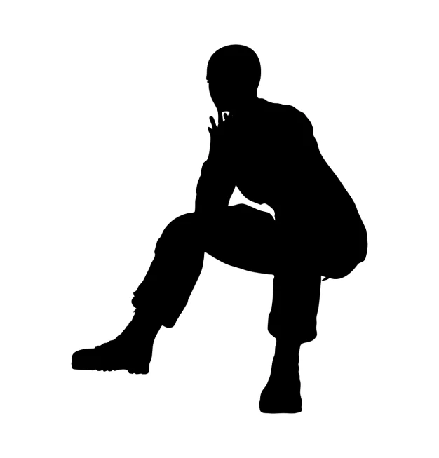 a silhouette of a man talking on a cell phone, figuration libre, squatting pose, attractive androgynous humanoid, wearing military shoes, beginner