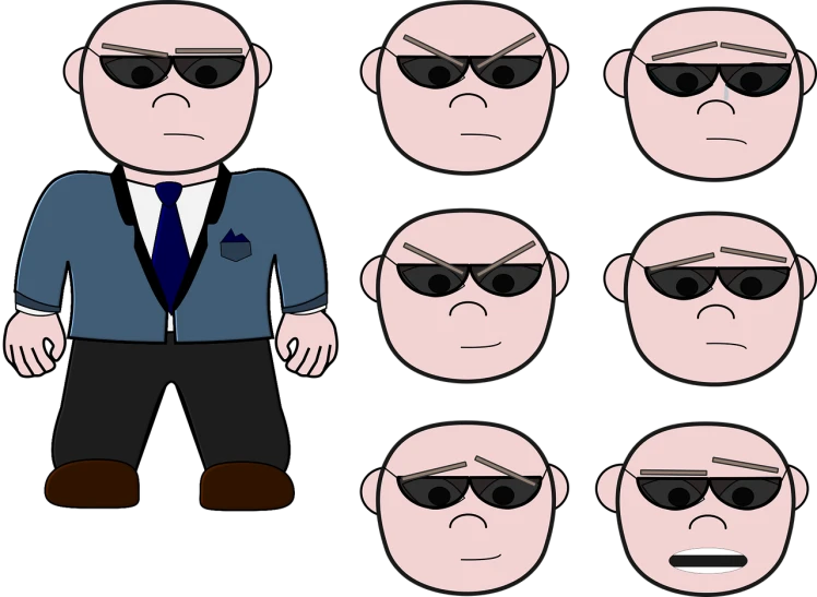 a cartoon of a man with different facial expressions, inspired by John La Gatta, pixabay, digital art, men in black, dark shades, agent 47 in a scene from naruto, characters 8k symmetrical
