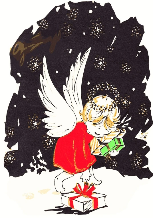 a drawing of an angel reading a book, a storybook illustration, mail art, starry, presents, paul pope, holiday