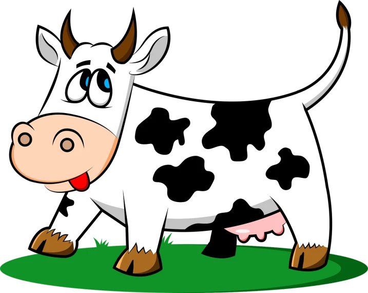 a cow that is standing in the grass, by Ludovit Fulla, pixabay, digital art, on a black background, cartoon style illustration, white with black spots, mascot illustration