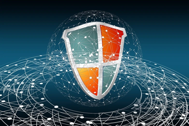 a red and orange shield on a blue background, a digital rendering, network, protect, art cover illustration, cyber wear