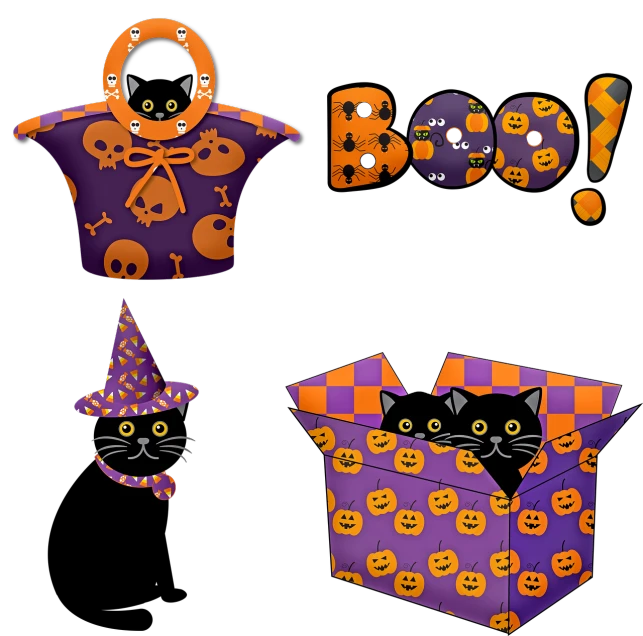 a collection of halloween items on a black background, vector art, by Lisa Milroy, cute cats, toy package, dark purple garments, digital rendering