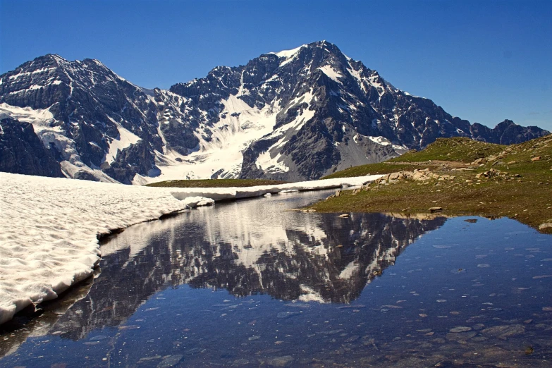 a body of water surrounded by snow covered mountains, a photo, by Werner Andermatt, flickr, reflection puddles, washington state, sunny summer day, award-winning”