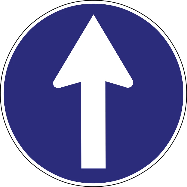 a blue and white sign with an arrow pointing up, vectorised, driver, round, return of the many to the one