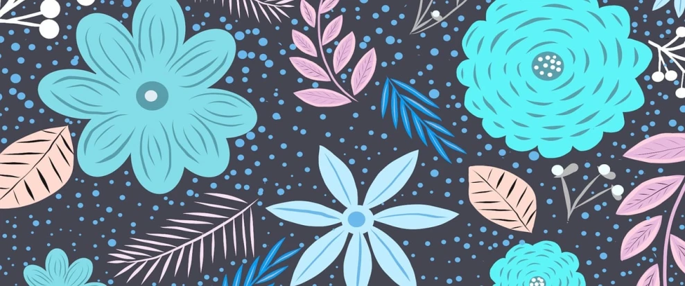 a pattern of flowers and leaves on a dark background, inspired by Mary Blair, trending on pixabay, grey and blue theme, hq 4k phone wallpaper, palm pattern visible, mobile wallpaper