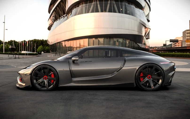 a silver sports car parked in front of a building, a 3D render, cgsociety contest winner, curving black, chiron, side profile shot, hdr render