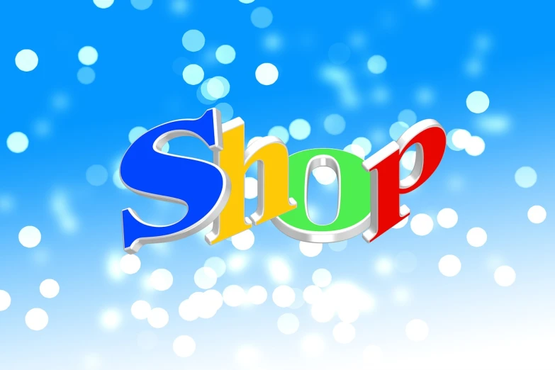 an image of the word shop on a blue background, a digital rendering, nice background bokeh, ebay photo, multi - coloured, 3 d model