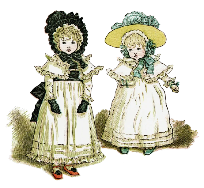 a couple of little girls standing next to each other, a storybook illustration, inspired by Kate Greenaway, flickr, rococo, 1980 manga, doll phobia, color and contrast corrected, 1 9 2 0 cloth style