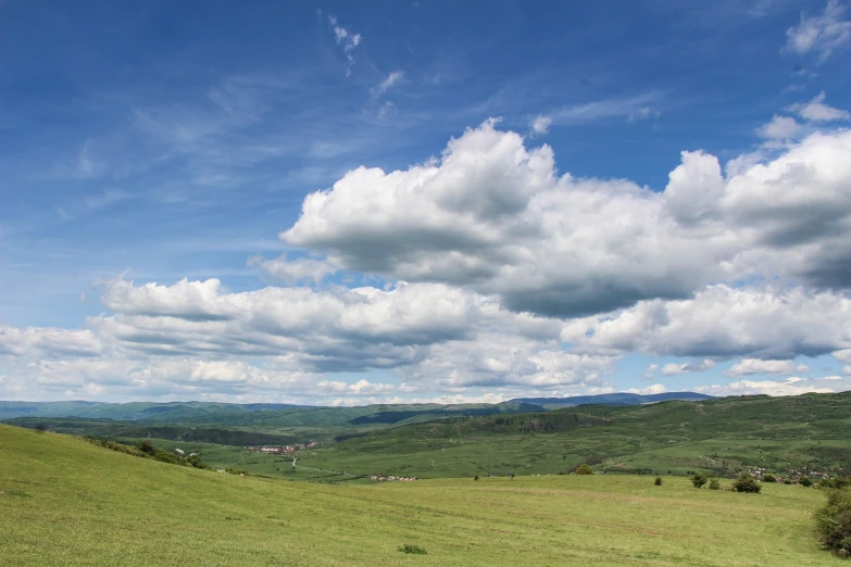 a herd of cattle grazing on a lush green hillside, a picture, shutterstock, figuration libre, beautiful sky with cumulus couds, russian landscape, distant town in valley and hills, wide shot photo