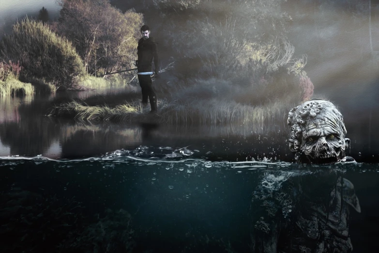 a man standing on top of a body of water, a detailed matte painting, romanticism, horror photo, fishing, clearing. full shot, underground lake