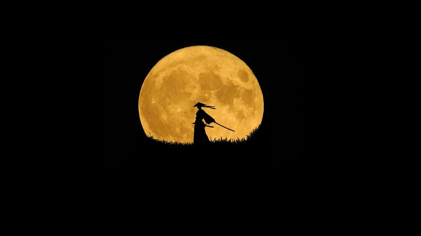 a person standing on top of a hill under a full moon, a photo, sōsaku hanga, reaper of night!!!!, alone!!, cl, mulan