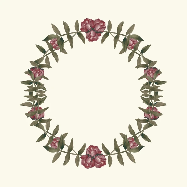 a wreath of pink flowers and green leaves, a digital rendering, inspired by Christoffer Wilhelm Eckersberg, art nouveau, carnation, vintage color, olive green and venetian red, persian folkore illustration