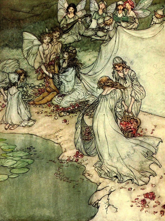 a painting of a group of people surrounded by flowers, a storybook illustration, by Arthur Rackham, tumblr, art nouveau, flowing white robes, detail shot, water fairy, cute looking