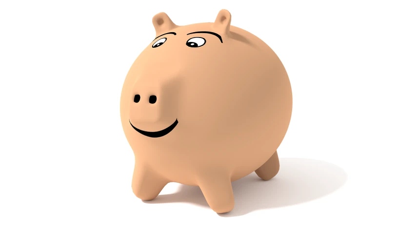 a piggy bank with a smile on it's face, a digital rendering, trending on pixabay, digital art, isolated on white, istockphoto, slightly buck - toothed, happy wise. he has bouncy belly