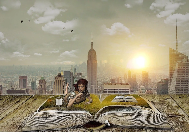 a woman reading a book with a cityscape in the background, a storybook illustration, trending on pixabay, fantastic realism, heaven on earth, new york in the future, big open book, village girl reading a book